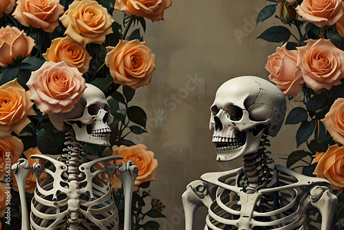Horror human skeleton head with red roses, a scary anatomy illustration.