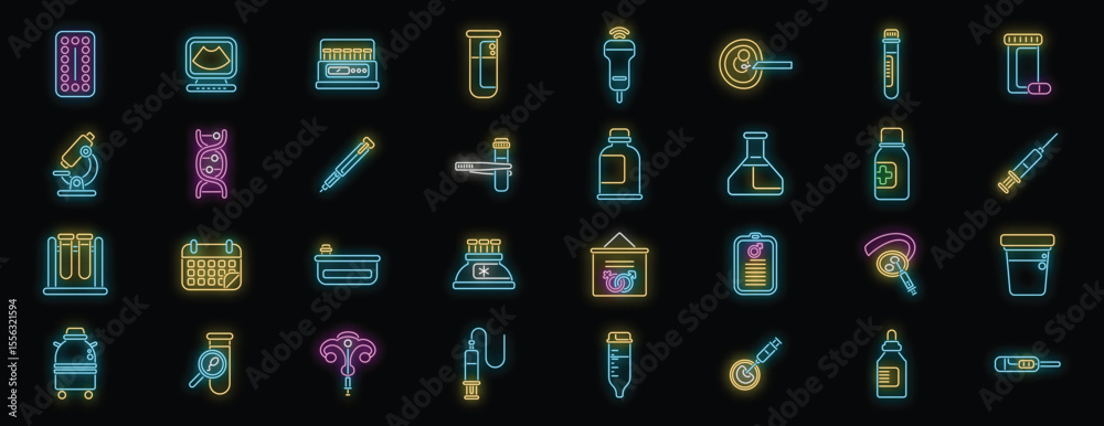 Φωτογραφία Glowing neon icons illustrating various aspects of fertility, pregnancy, and obs