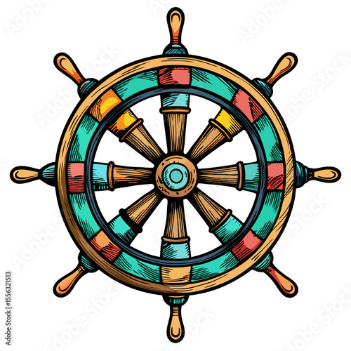 Vintage nautical ship wheel illustration in colorful retro style, maritime navigation, sailor art,  design