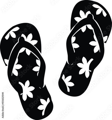 A black silhouette of flip-flop sandals with flower patterns, ideal for summer, beachwear, and vacation-themed designs