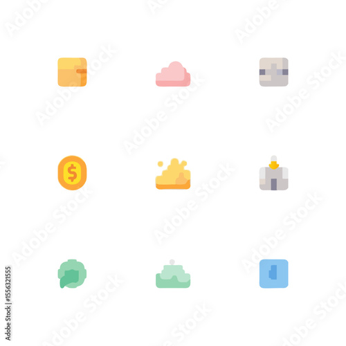 Whimsical collection of diverse conceptual icons featuring money, cloud, building, speech bubble, and tiered platforms in pastel shades