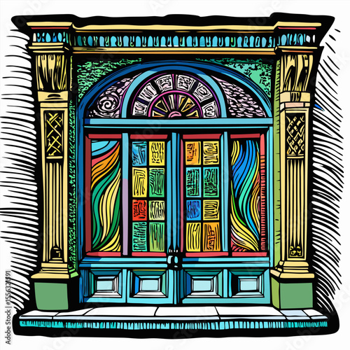 Colorful stained glass door with intricate wooden frame, vintage architecture, artistic design, decorative entrance