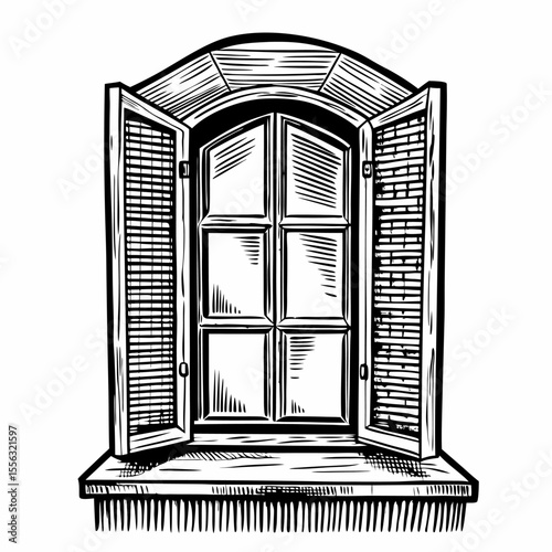 Black and white illustration of an open vintage wooden window with shutters, rustic style, classical architecture, sketch