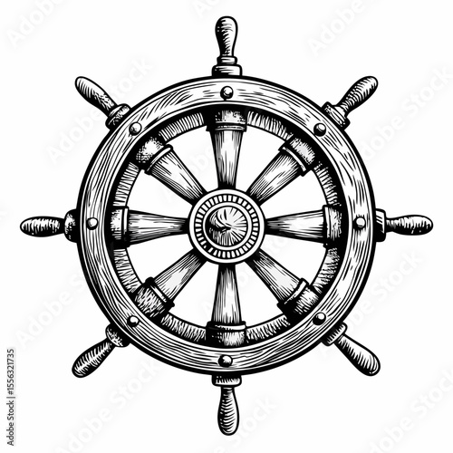 Vintage Ship Wheel Illustration, Nautical Navigation Symbol, Maritime Design Element for  Art