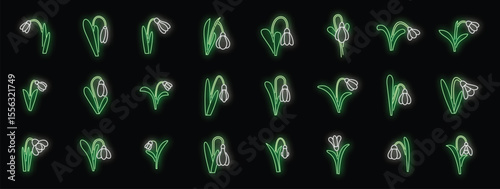 Bright neon green and white snowdrop flowers icons glowing on black background