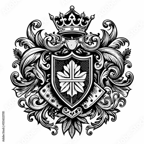 Ornate heraldic shield with crown and floral motifs, intricate coat of arms illustration, vintage black and white design