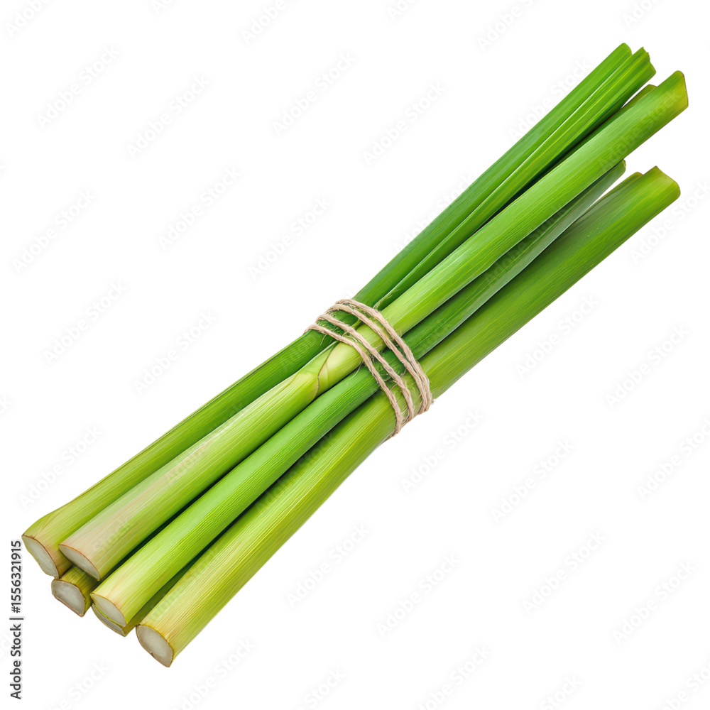 Fototapeta premium Freshly Harvested Green Lemongrass Bundles for Culinary Use and Decoration, isolated on transparent background.