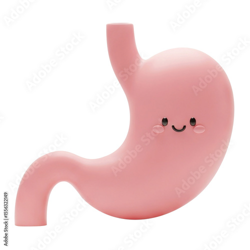 Adorable 3D illustration of a pink cartoon stomach with a smiling face, perfect for children’s health education or medical content.