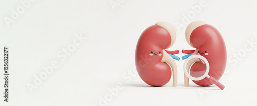 Bright and Friendly 3D Cartoon of Kidneys with Magnifying Glass, Engaging Medical Content for Kids and Awareness.
