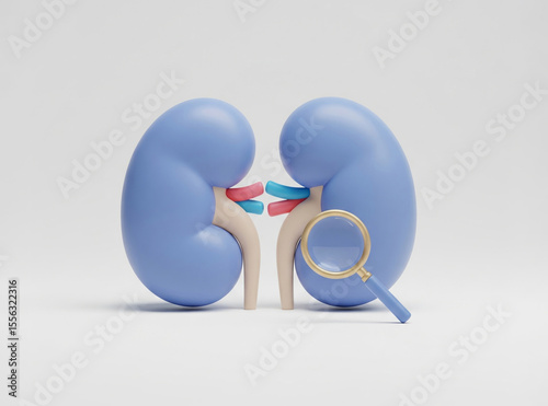 Whimsical 3D Cartoon of Kidneys Examined with Magnifier, Ideal for Nephrology Education and Health Campaigns.