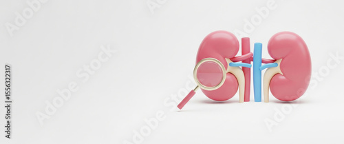 Funny 3D Kidney Characters with Magnifying Glass, Educational Cartoon for Medical Learning and Awareness.