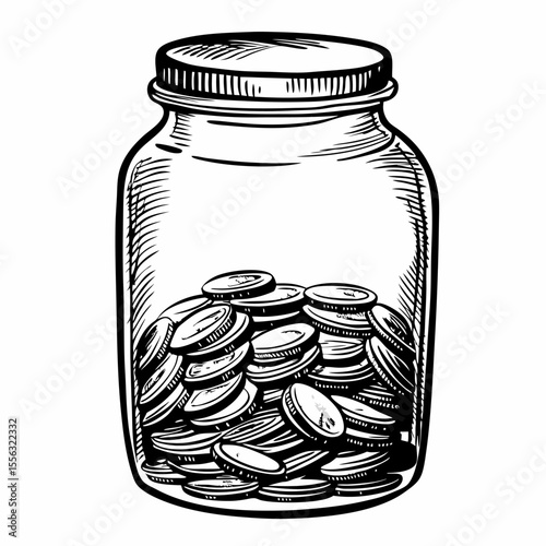 Vintage Hand Drawn Jar Filled with Coins Black and White Savings Illustration
