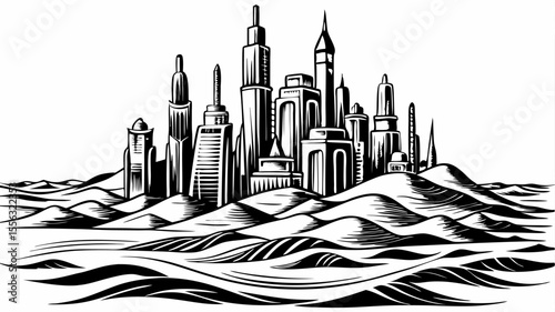 Abstract Cityscape Illustration with Waves and Skyscrapers in Monochrome
