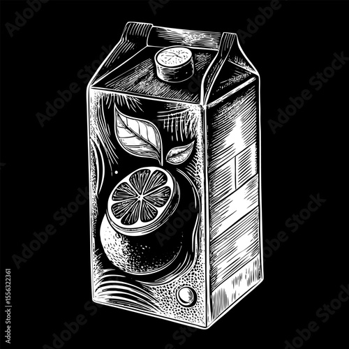 Retro Black and White Juice Carton Illustration with Citrus Fruit Design
