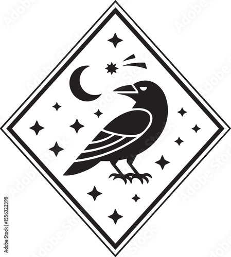 Mystical Raven and Night Sky Logo in a Diamond Frame Vector Illustration