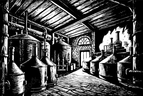 Vintage Brewery Interior Illustration with Copper Tanks and Wooden Ceiling