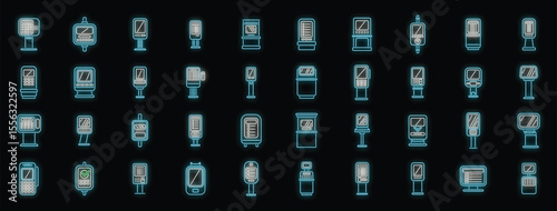 Set of neon blue payment terminal icons showcasing diverse designs and payment options for modern financial transactions