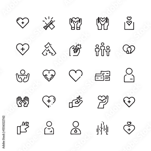 Valentine's Day icons set. Vector icon as ecg, doctor, pacemaker, heart outline pictogram.