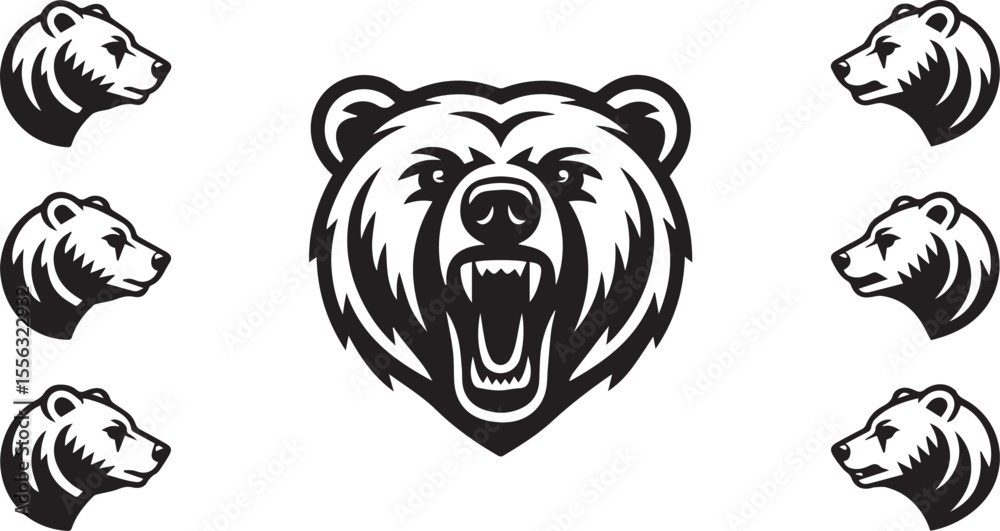 Fototapeta premium Vintage Roaring Bear Head Silhouette Collection – Angry Wild Animal Emblem Logos | Retro Wildlife Vector Illustration Set for Badges, Apparel, and Branding