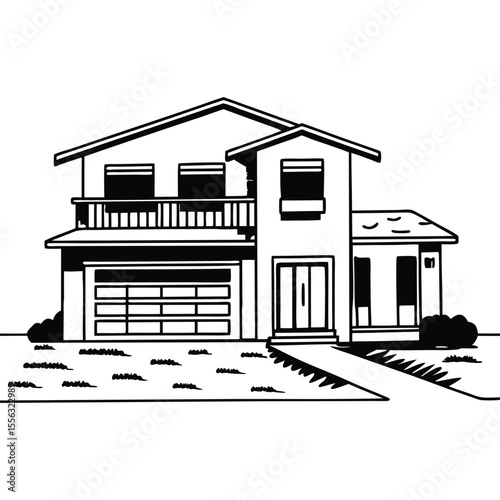 Two Story House Black White Line Drawing Garage Balcony Lawn Path home building