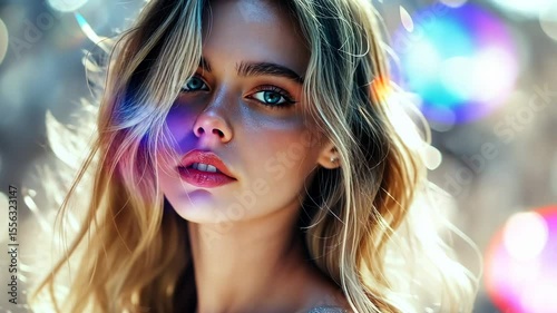 Dreamy portrait of a young woman with pastel lighting and prismatic reflections on her face. Generated AI