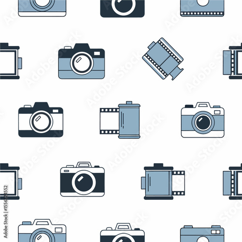 A clean and modern seamless pattern featuring minimalist graphic illustrations of retro cameras and film canisters in a cool, monochromatic palette of dusty blue and black. Vector Patterns