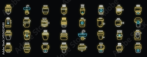Neon icons of garbage disposals illuminating the concept of efficient waste management in modern kitchens