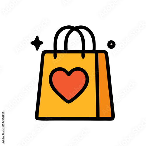 A bright yellow shopping bag with a red heart design, showing love.