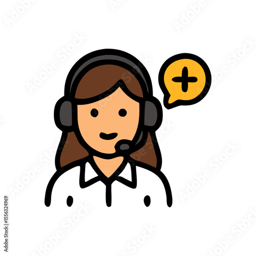 A customer service representative with a headset and a plus sign in a speech bubble.