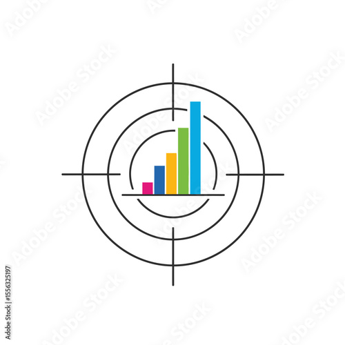 A bullseye target with a bar graph inside showing growth with different colored bars on white backgroun