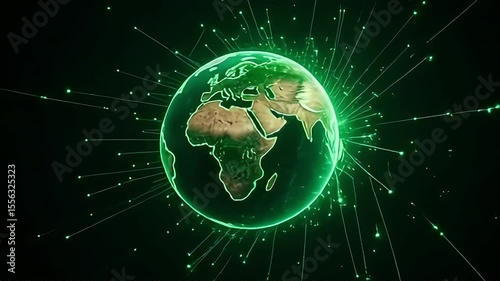 Earth hologram glows with connected points in green, representing global network and communication across the world.