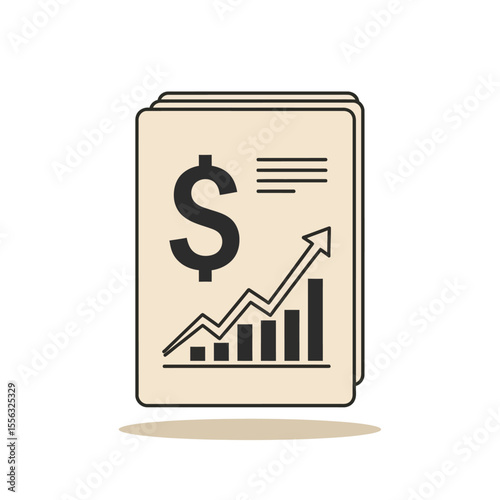 Illustration of financial report with dollar sign and upward trending graph on stacked papers