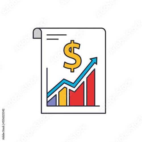Illustration of a financial report with a dollar sign and an upward trending graph on a beige background