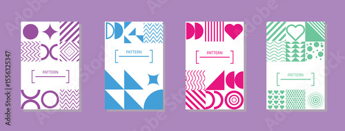 Colorful geometric flyer templates with abstract shapes and modern design in purple, blue, pink, and green tones, perfect for branding, posters, invites, and visual promotional material.