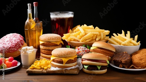 Table with assorted high-calorie, ultra-processed junk food, unhealthy nutrition, empty calories.
