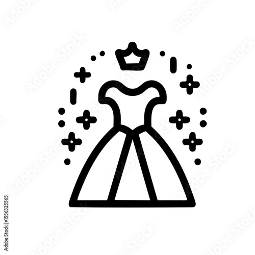 Line drawing of a princess dress and a crown in black and white used for fairy tales or fantasy themes