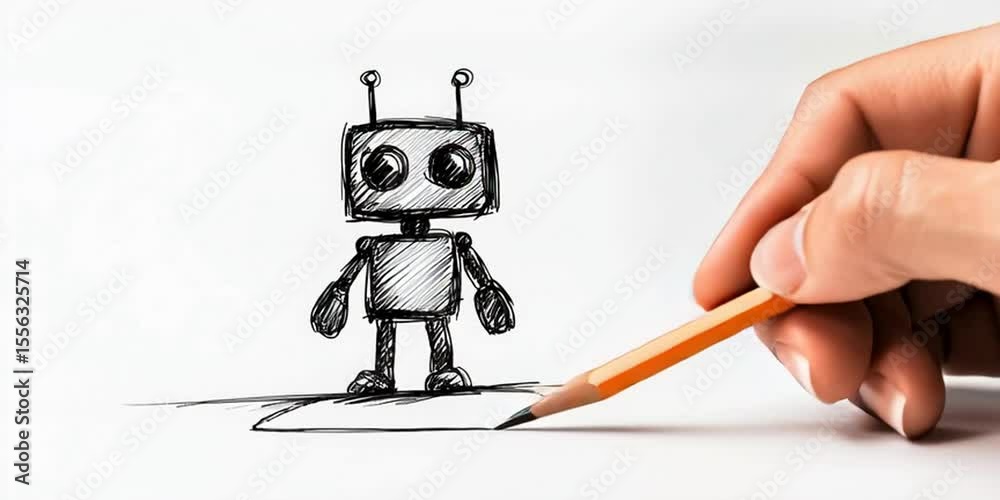 An artist's hand as he draws a robot with a pencil