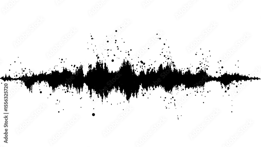 Vector brush grunge texture. Soundwave with ink splatter effect, black and white. Sound wave with ink splatter effect, Black and white, isolated on white background. 