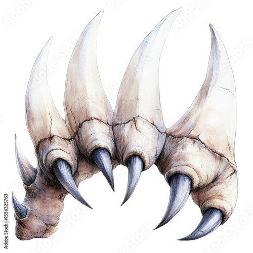 Artistic illustration of a fantasy creature's clawed hand with pointed nails and textured surface