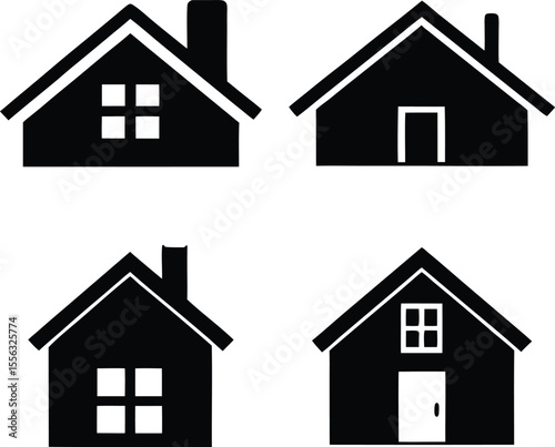Four Black House Icons Simple Home Symbols White Windows Doors Chimney vector