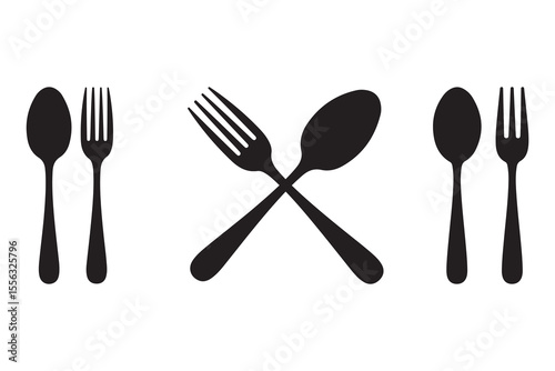 Black and white silhouette of crossed dinner fork and spoon.