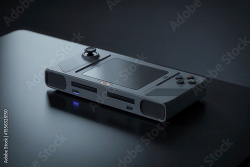 A gray handheld game console on a dark surface in a studio setting