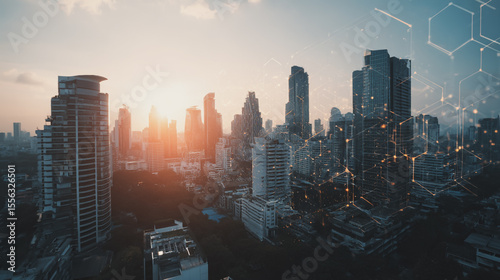 Smart digital Innovation city with connection network reciprocity over the twilight cityscape. of future smart wireless digital city and social media networking systems that connects people with city