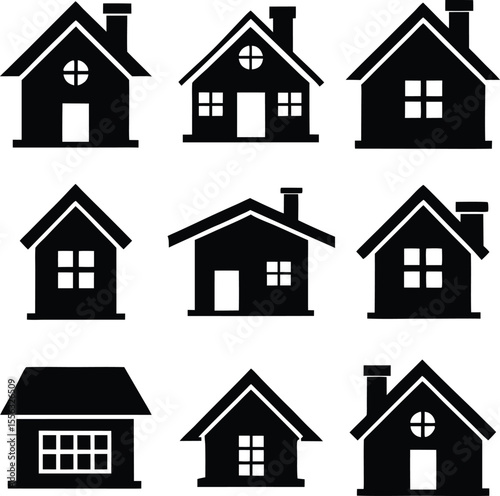 Nine Black Silhouette House Icons Various Designs Simple Home Symbols vector