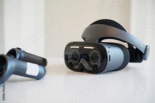 A vr headset and controllers sitting on a white surface in a bright room