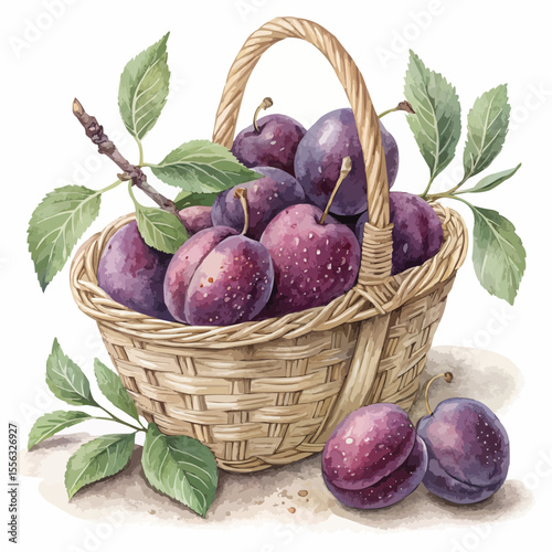 Plums in a wicker basket with dusty blue and purple skin. Watercolor and charcoal style, soft light, isolated on white.