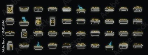 Neon icons representing cat litter boxes, showcasing different designs, shapes, and functionalities for cat owners