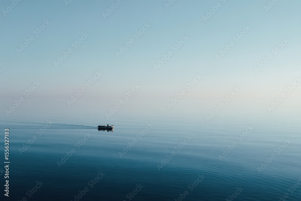 Fototapeta premium serene ocean surface captured from above featuring solitary vessel gently floating