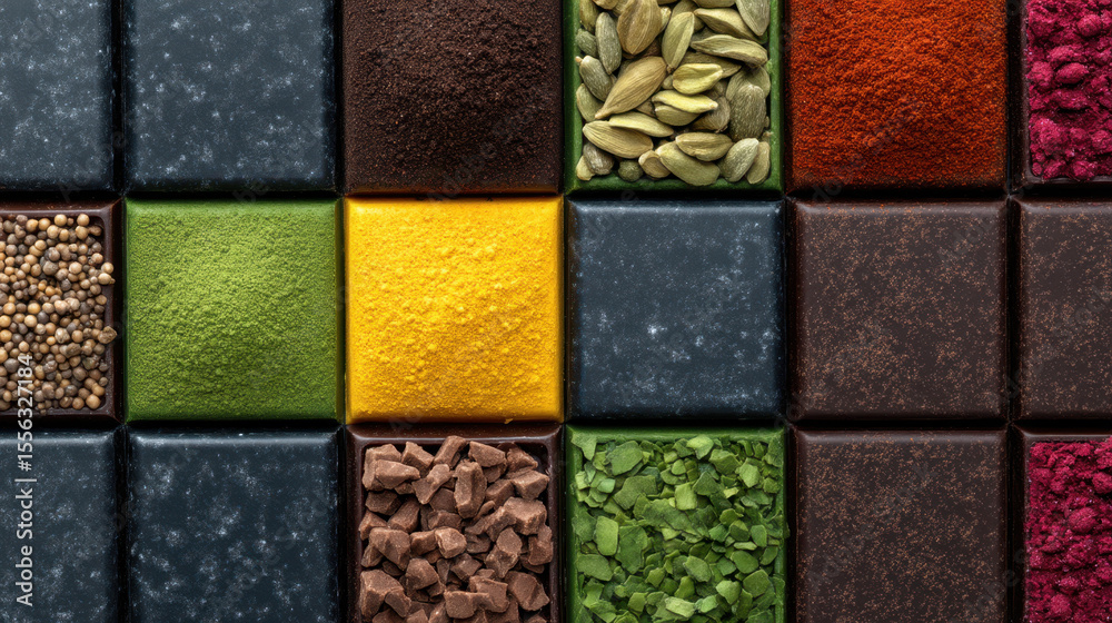 Fototapeta premium Artisan chocolate tiles topped with colorful spices and seeds arranged neat grid pattern creating vibrant and appetizing