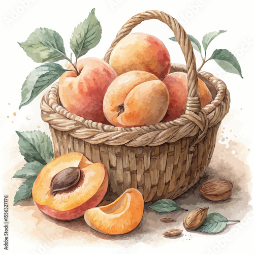 Ripe apricots in a rustic wicker basket, one halved showing the pit. Watercolor and charcoal illustration, warm soft light, pastel orange and beige tones, isolated on white.